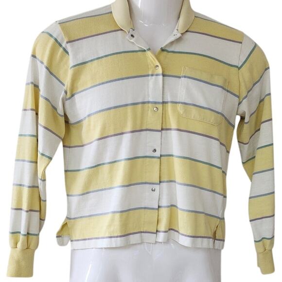 Ivy Sports Yellow, White Purple, Green Striped Blouse with snaps Women's Size L - Picture 2 of 8